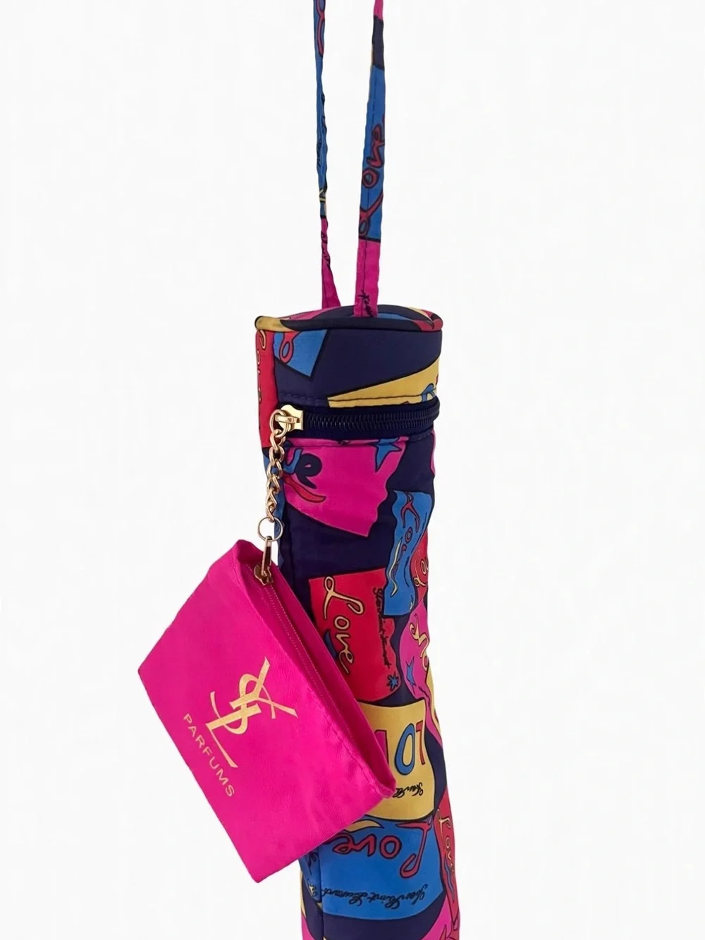 Yves Saint Laurent Pink and Blue Patterned Crossbody Pouch with Gold Logo